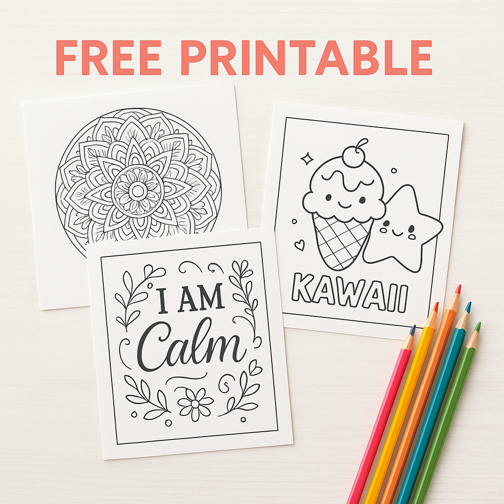 Free printable coloring pages for anxiety relief including mandala, affirmation, and kawaii designs