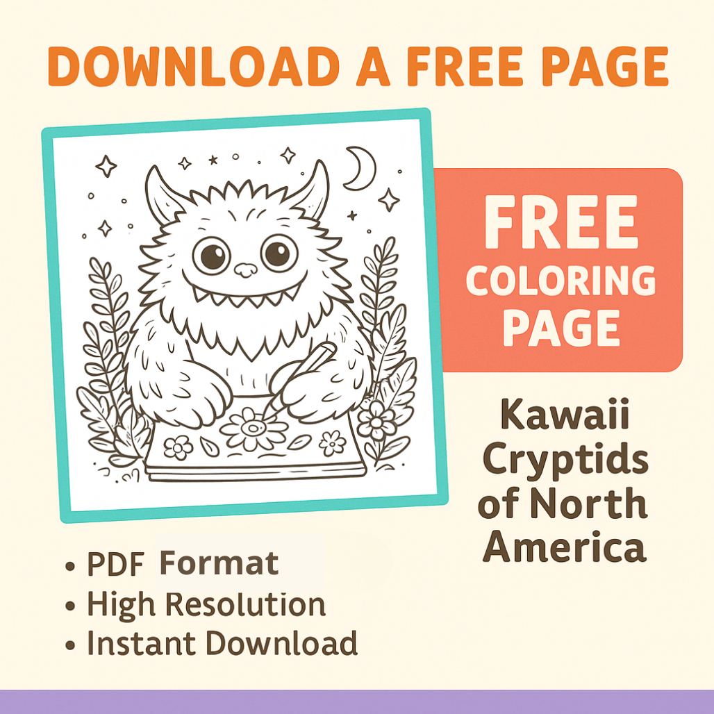 flat image of downloading a free coloring page of kawaii cryptids of north america
