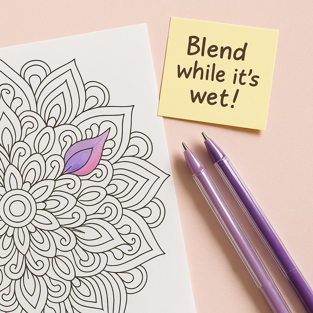 Top-down photo of a mandala coloring page showing a smooth gel pen gradient blend from lavender to purple, with two uncapped gel pens and a sticky note reading 'Blend while it’s wet!' on a pastel background