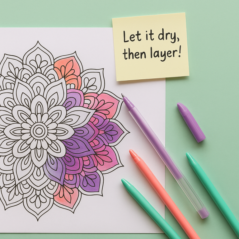 Flat lay of a mandala coloring page with layered gel pen sections showing bold and pale areas, pastel gel pens nearby, and a sticky note reading 'Let it dry, then layer!'