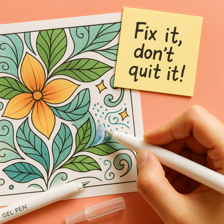 Flat lay of a coloring page with a gel pen mistake being corrected using a white gel pen, with a sticky note reading 'Fix it, don’t quit it!' and pens on a soft coral background
