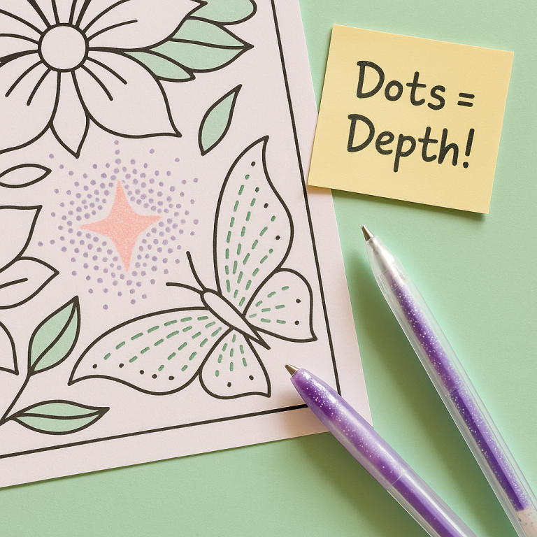 Flat lay of a coloring page with stippling and dash effects created by metallic gel pens, a sticky note that reads 'Dots = Depth!' and a glitter gel pen resting nearby on a mint background