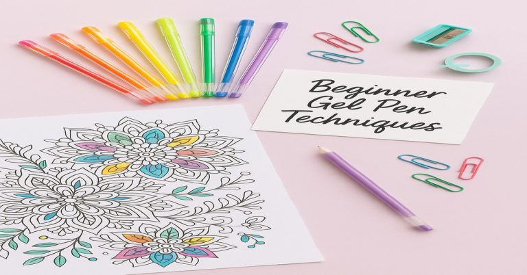 Flat lay photo of colorful gel pens in a rainbow arc beside a partially colored mandala page, notecard reading 'Beginner Gel Pen Techniques,' and cozy desk accessories on a pastel lavender background.