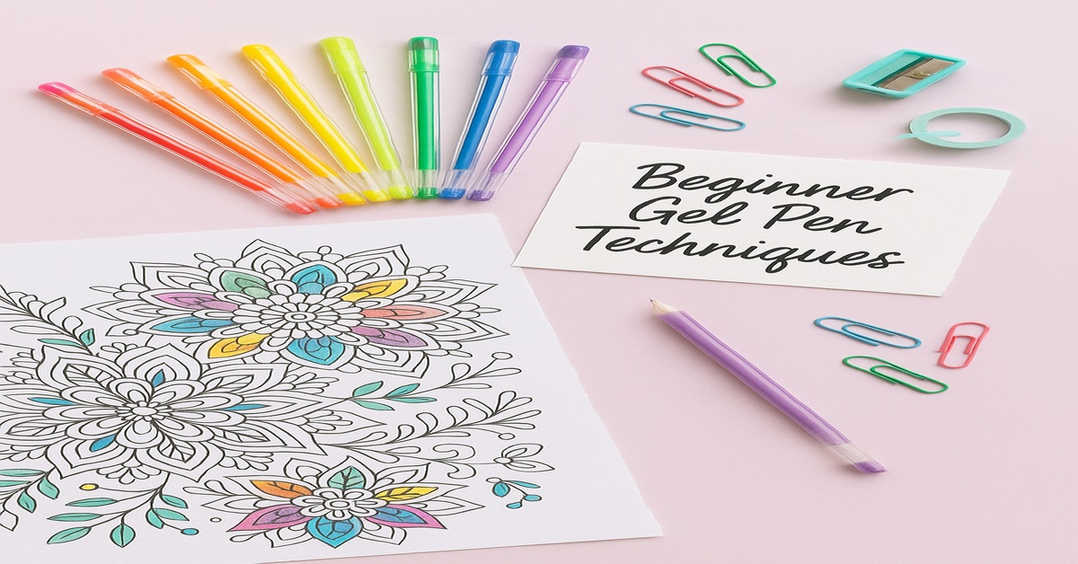 Flat lay photo of colorful gel pens in a rainbow arc beside a partially colored mandala page, notecard reading 'Beginner Gel Pen Techniques,' and cozy desk accessories on a pastel lavender background.