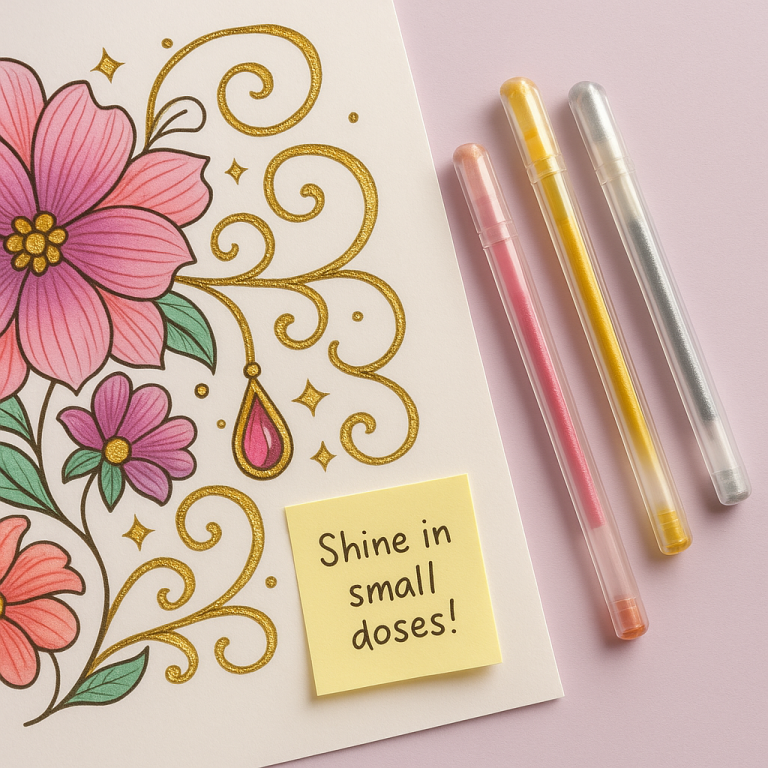 Flat lay of a coloring page with glitter and metallic gel pen accents on stars and swirls, sparkly pens nearby, and a sticky note reading 'Shine in small doses!' on a lavender background