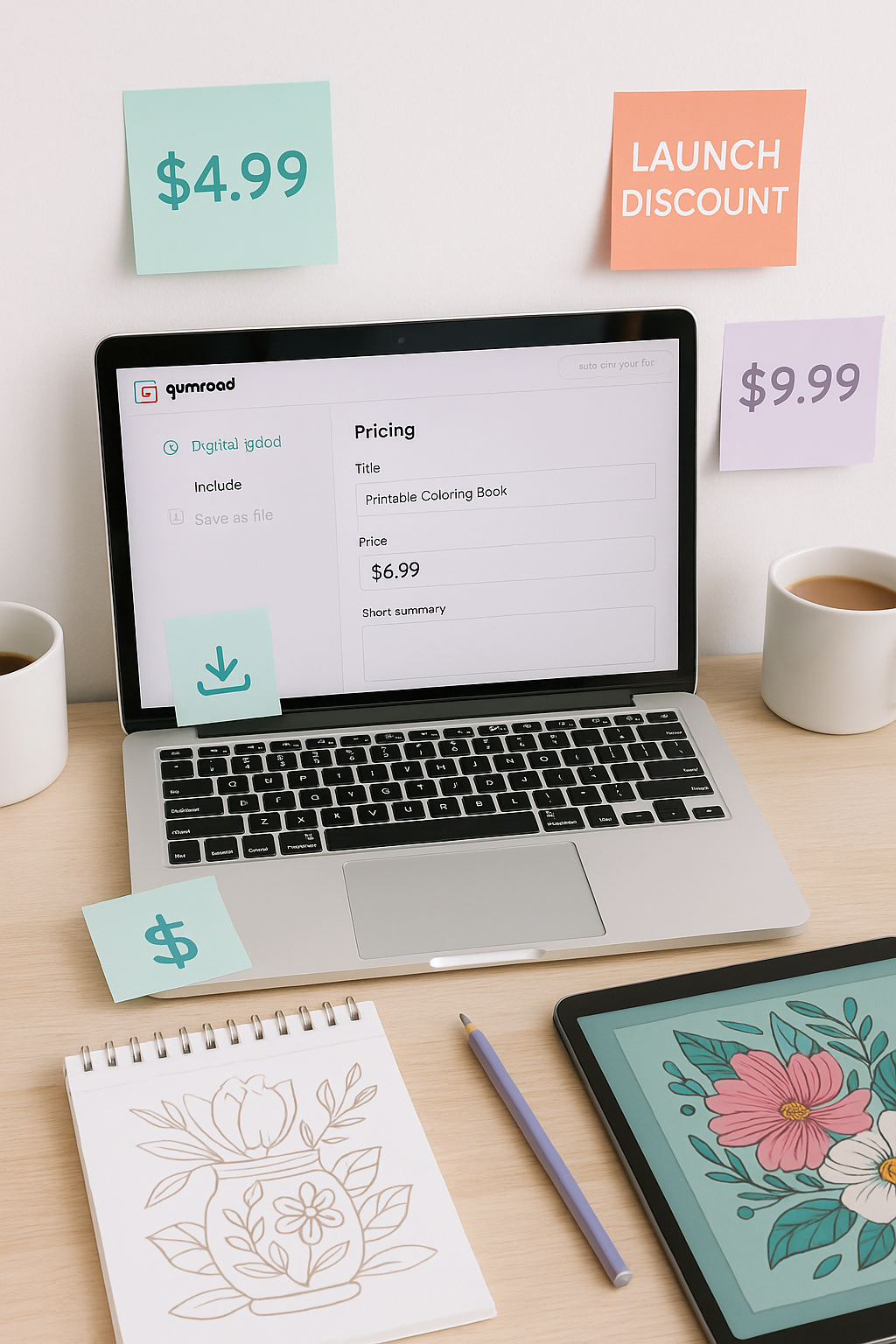 Workspace with laptop showing Gumroad pricing screen set to $6.99, surrounded by price notes, sketchbook, and colored floral illustration on a tablet