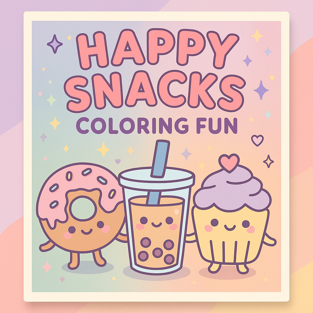 Cover of Happy Snacks Coloring Fun featuring kawaii donut, boba tea, and cupcake characters with smiling faces on a pastel rainbow background.