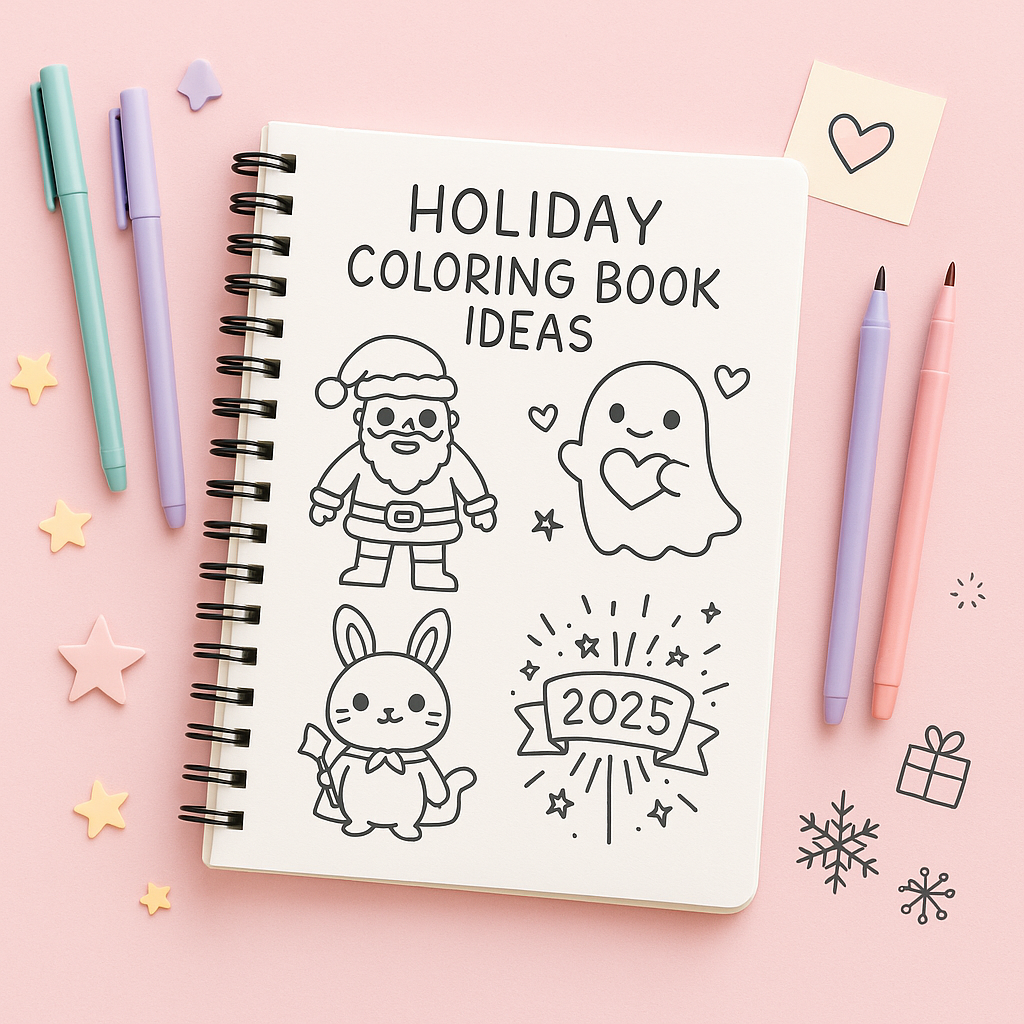 Flat lay sketchbook labeled “Holiday Coloring Book Ideas” with illustrations of a zombie Santa, kawaii ghost, bunny in costume, and 2025 fireworks banner, surrounded by pastel art supplies and holiday icons on a soft pink background