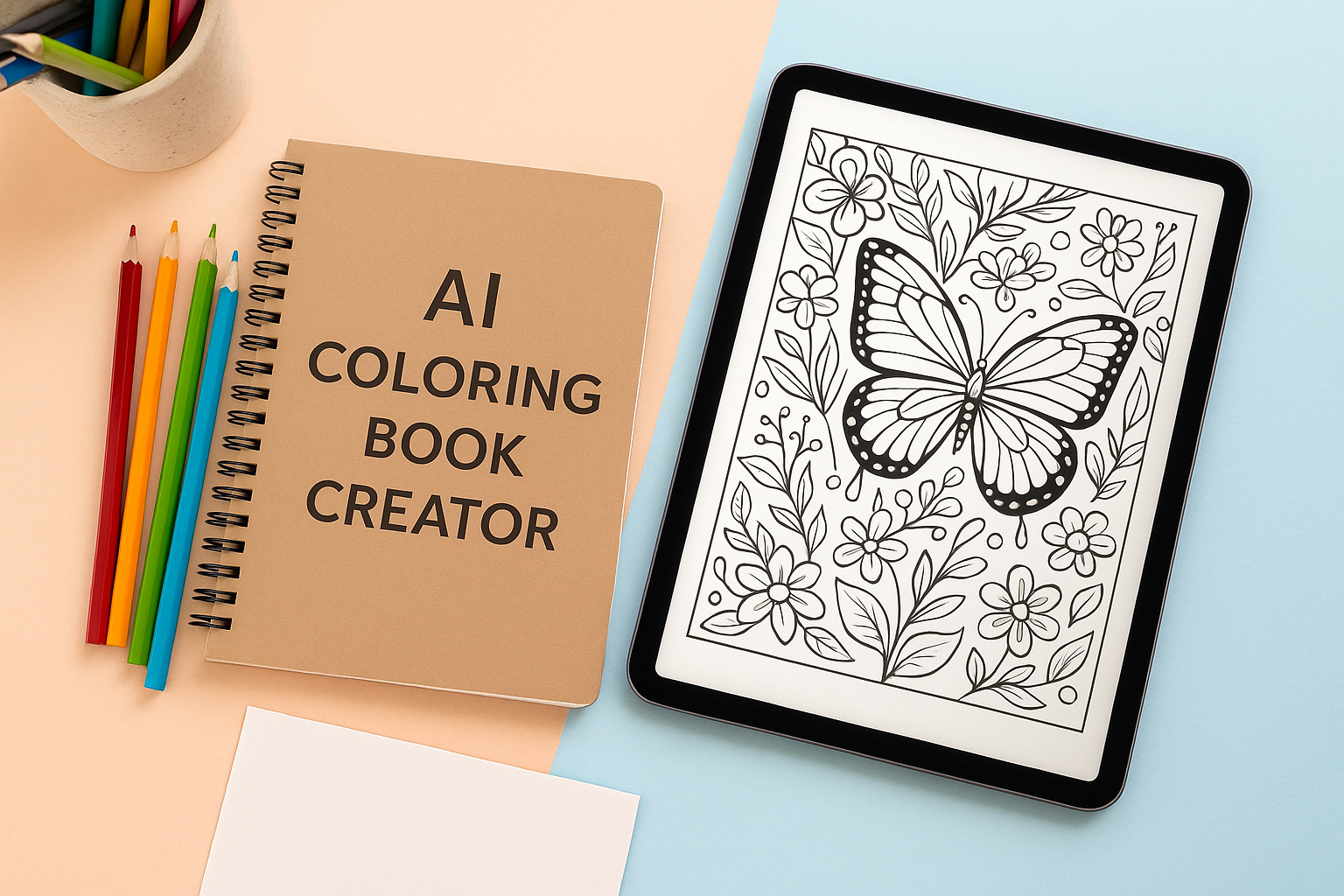 Flat lay image of a digital tablet showing an AI-generated coloring page, next to colored pencils and a notebook labeled 'AI Coloring Book Creator