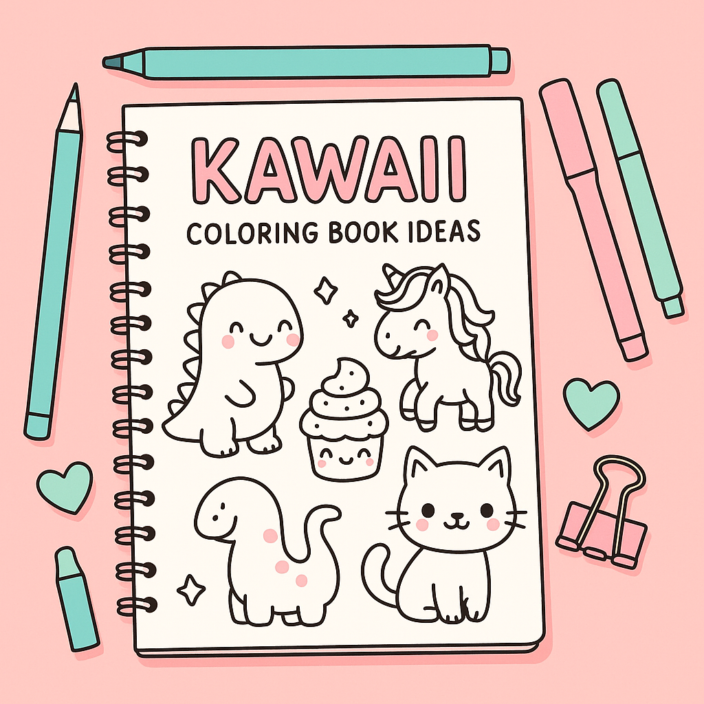 Flat lay sketchbook labeled “Kawaii Coloring Book Ideas” featuring black-and-white doodles of a dinosaur, unicorn, cupcake, and cat, surrounded by pastel-colored art supplies on a pink background