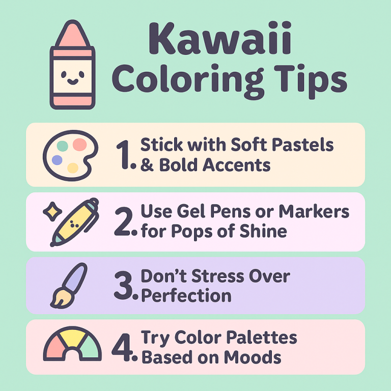 Infographic titled "Kawaii Coloring Tips" with pastel design showing four coloring tips for using soft colors, gel pens, and mood palettes