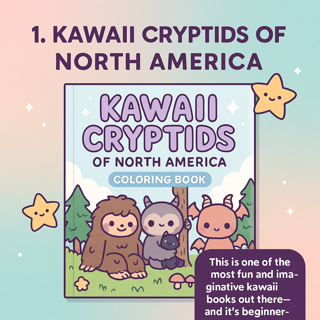 Cover of the Kawaii Cryptids of North America coloring book featuring cute versions of Bigfoot, Mothman, and the Jersey Devil with pastel background and playful stars.