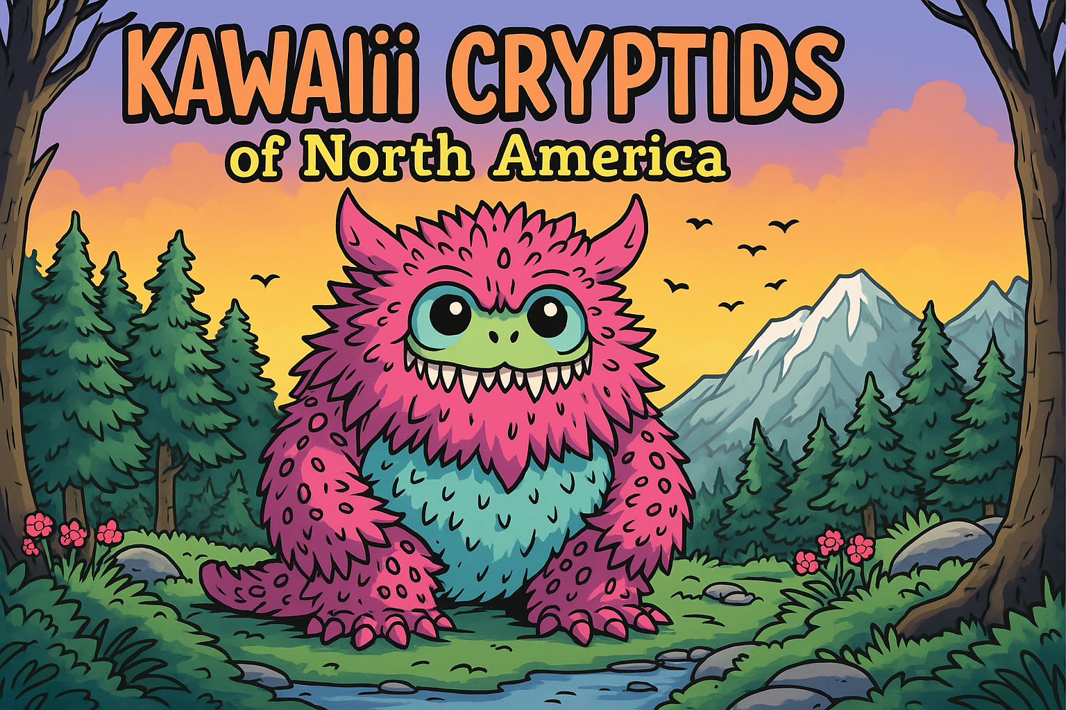 Cover of Kawaii Cryptids of North America coloring book featuring a cute pink monster in a forest