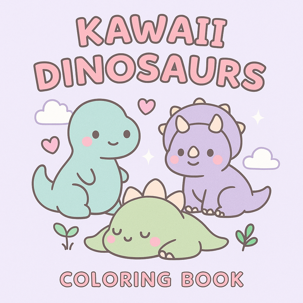 Cover of Kawaii Dinosaurs coloring book featuring pastel cartoon dinosaurs with hearts, clouds, and a dreamy purple background.