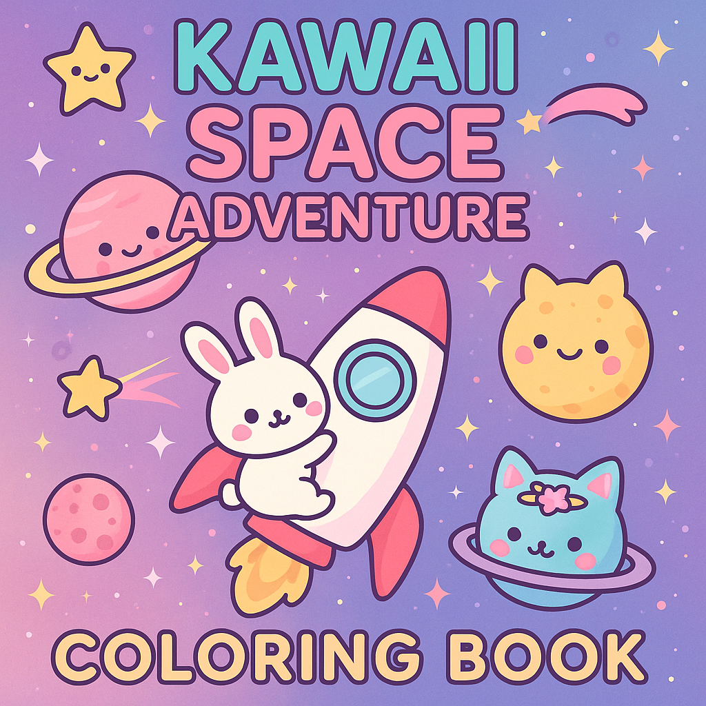 Cover of Kawaii Space Adventure coloring book featuring a bunny astronaut in a rocket, smiling planets, a blue cat planet, and yellow star characters on a pastel purple galaxy background.