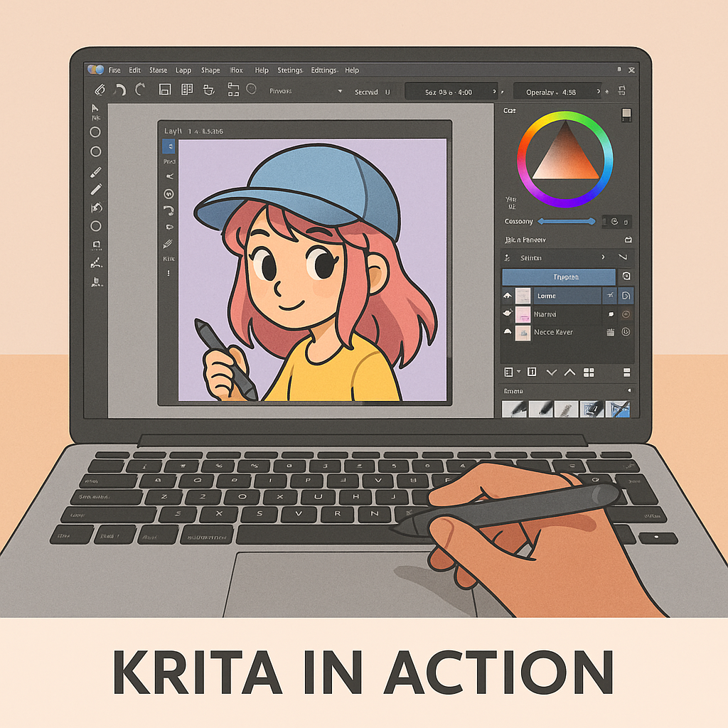 Screenshot of Krita digital painting software showing colorful brush strokes, toolbar, and layers on a desktop interface.