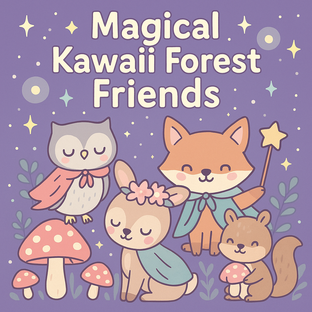 Cover of Magical Kawaii Forest Friends coloring book featuring a fox with a magic wand, owl in a cape, fawn with a flower crown, and squirrel with a mushroom, surrounded by stars and mushrooms on a purple background.
