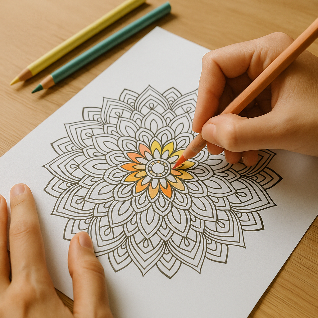 Hands coloring a mandala from the center outward with soft pencils for anxiety relief