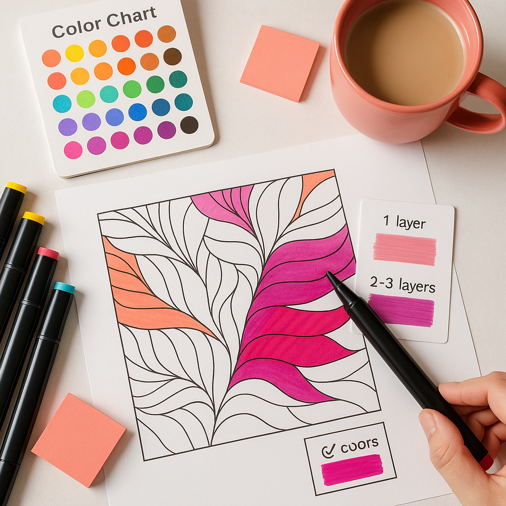 Top-down image of a partially colored page showing marker layering differences with color chart, coral mug, sticky notes, and vibrant marker tools