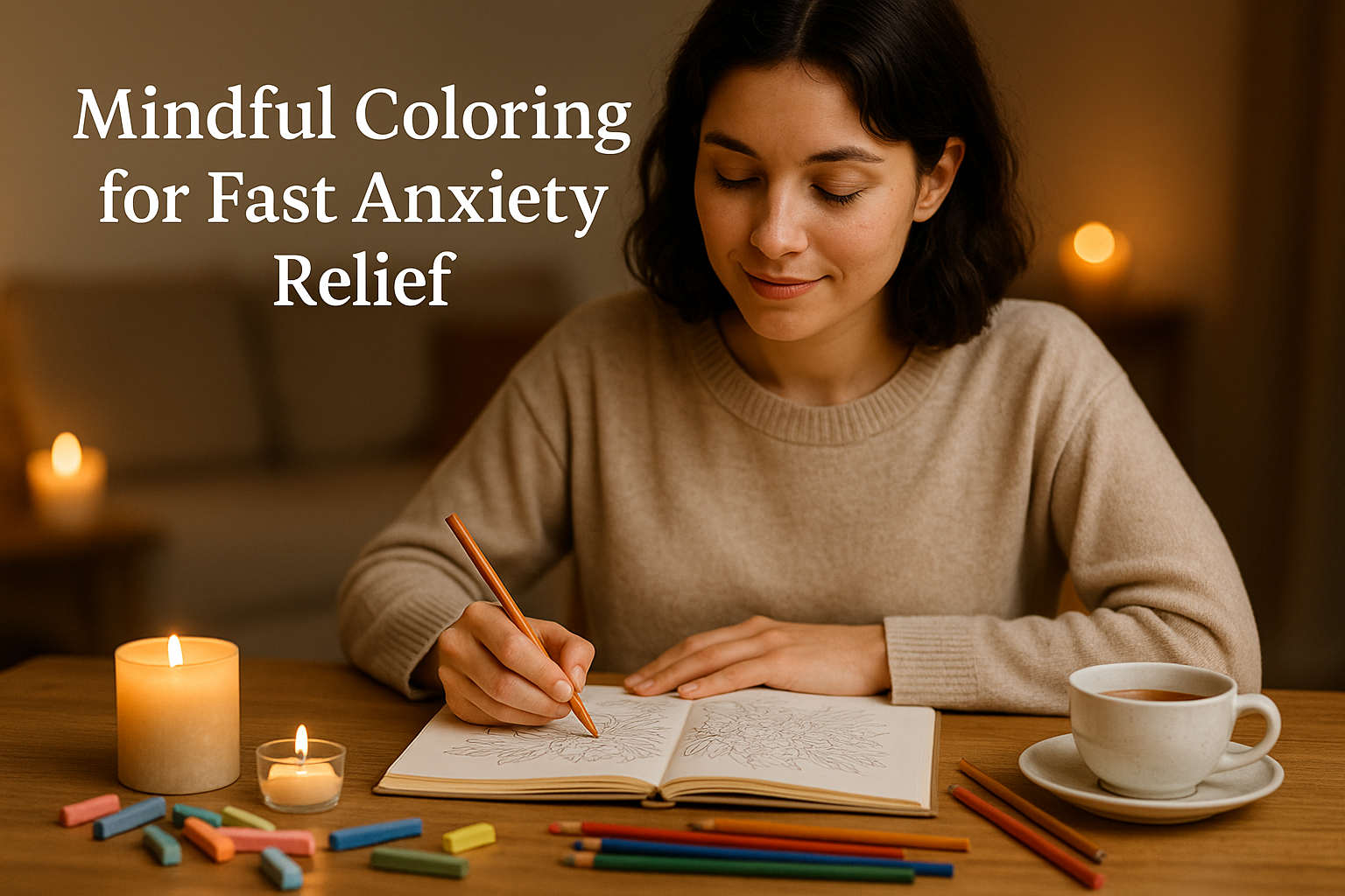 Peaceful woman coloring in a sketchbook at a table, surrounded by candles, tea, and soft pastels – soothing atmosphere, cozy lighting – modern flat lay – mindful and calm mood