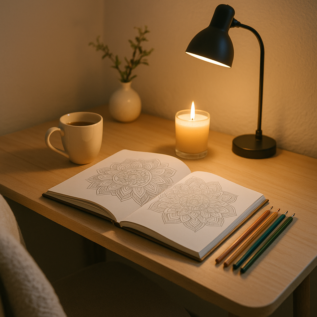 A calming coloring space setup with a candle, tea, and open coloring book