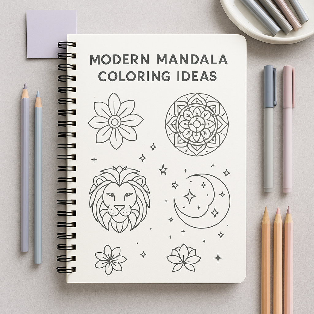 Flat lay image of a sketchbook labeled “Modern Mandala Coloring Ideas” with black-and-white drawings of a flower, geometric mandala, lion mandala, and celestial designs, surrounded by pastel pencils and pens on a soft gray surface