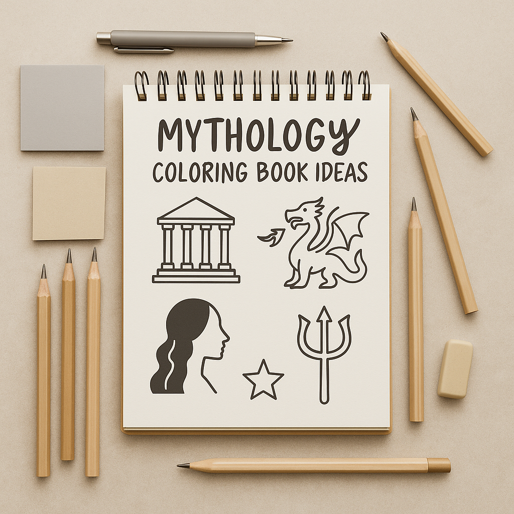 Flat lay image of a sketchbook labeled “Mythology Coloring Book Ideas” featuring black-and-white line art of a Greek temple, dragon, goddess silhouette, and trident, surrounded by pencils and neutral-tone stationery on a soft beige background