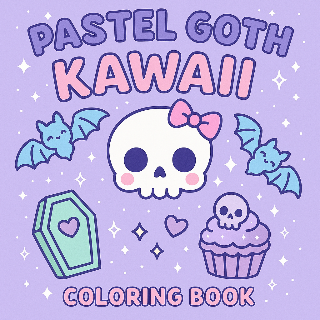 Cover of Pastel Goth Kawaii coloring book featuring a cute white skull with a pink bow, pastel blue bats, a green coffin with heart, and a skull-topped cupcake on a purple background.