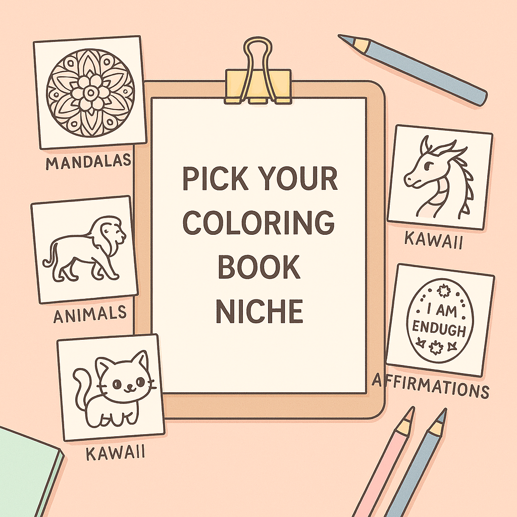 Flat lay illustration showing a clipboard labeled “Pick Your Coloring Book Niche” surrounded by niche ideas like mandalas, kawaii, fantasy, animals, and affirmations