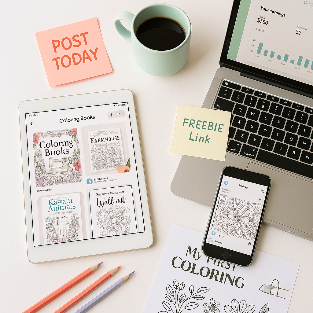 Marketing workspace with tablet showing Pinterest coloring books, phone with Facebook post, and laptop displaying Gumroad analytics surrounded by pastel pencils and sticky notes