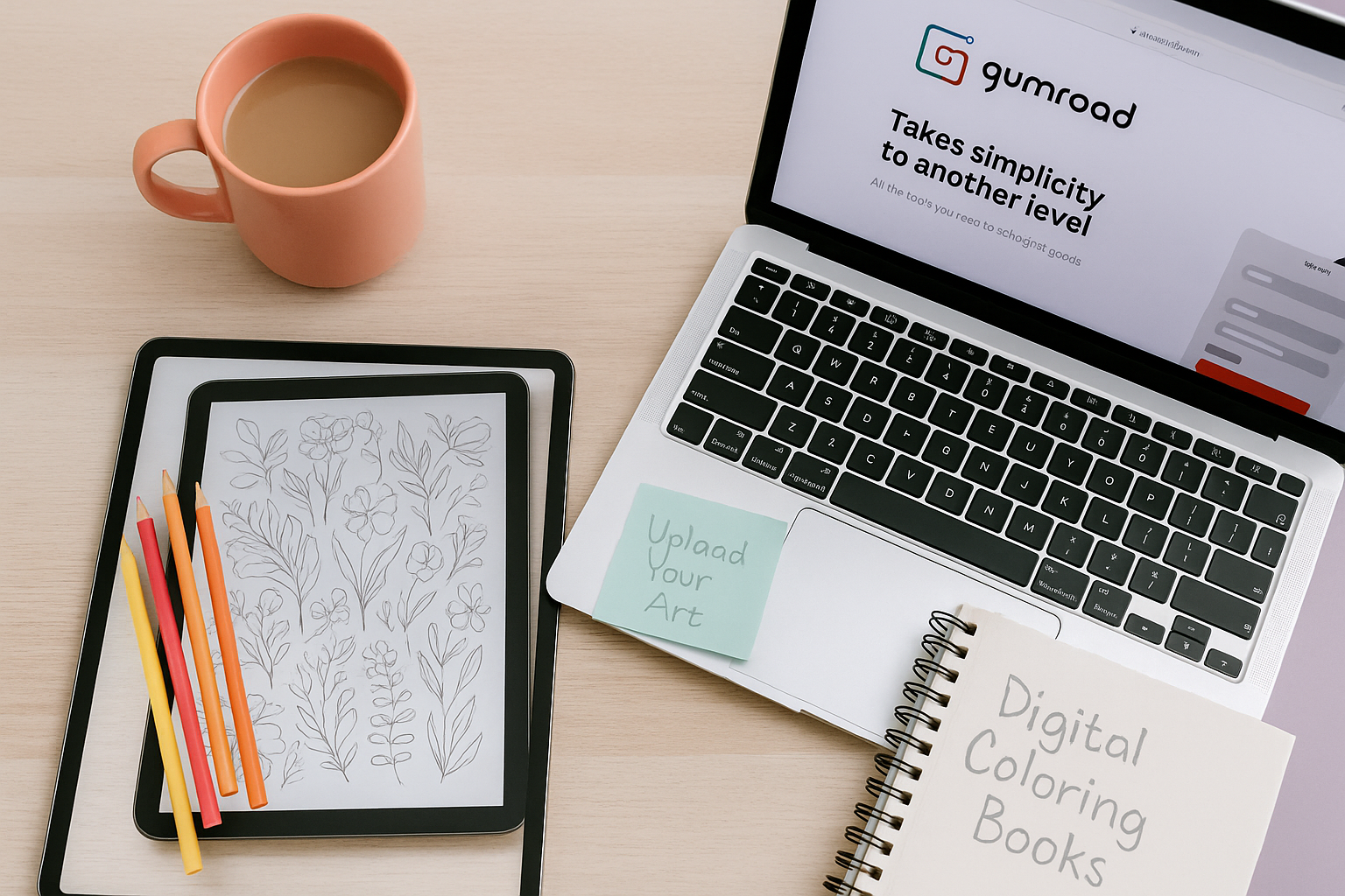 Flat lay of digital art workspace with tablet showing coloring page, laptop open to Gumroad, and colored pencils on a wooden desk