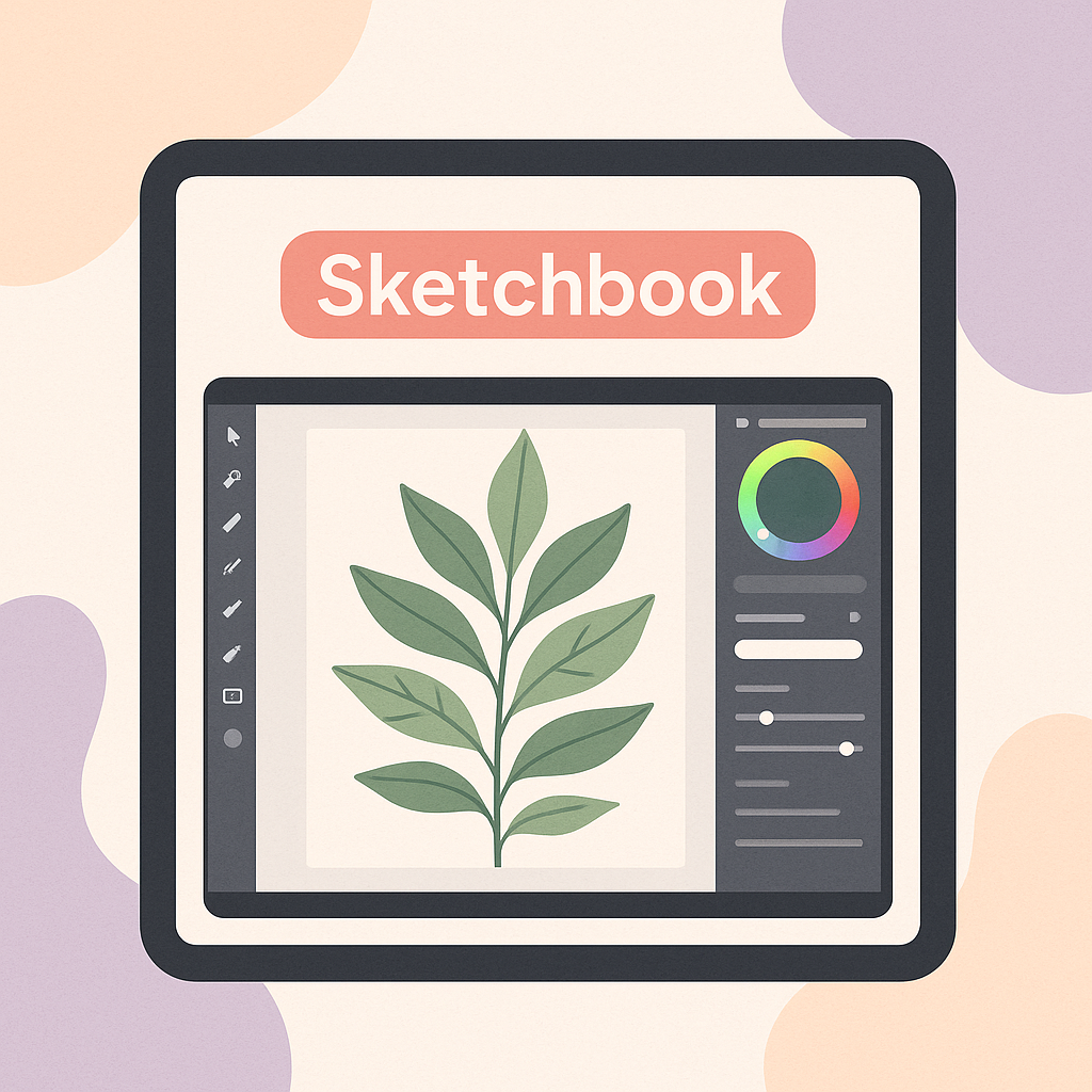 Sketchbook app displaying a digital illustration of a green leafy plant on a tablet screen with coloring tools and brush settings visible.