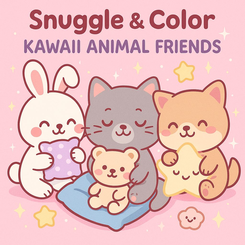 Cover of Snuggle & Color: Kawaii Animal Friends coloring book featuring a pastel bunny, kitten, and puppy cuddling with pillows, stars, and plush toys on a pink background.