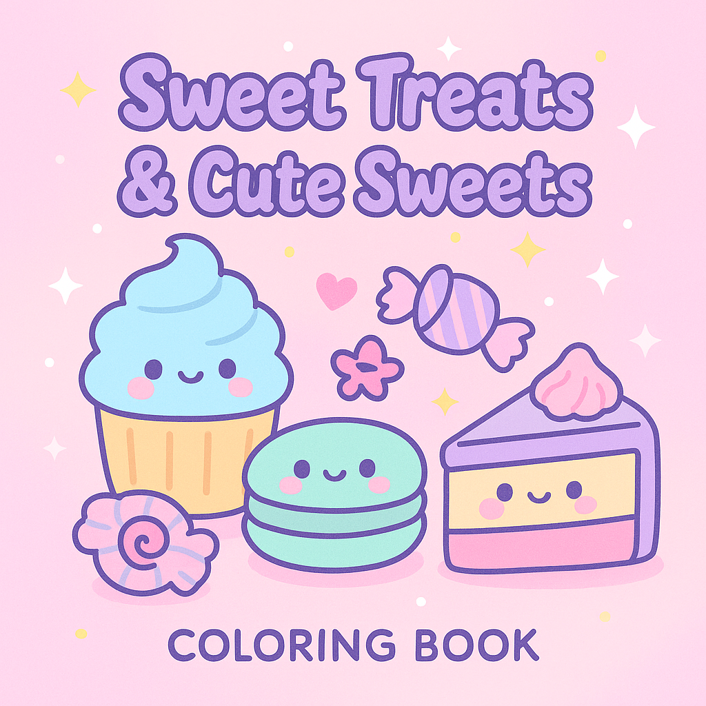 Cover of Sweet Treats & Cute Sweets coloring book featuring smiling cupcake, macaron, candy, and cake slice characters on a pink background with sparkles.