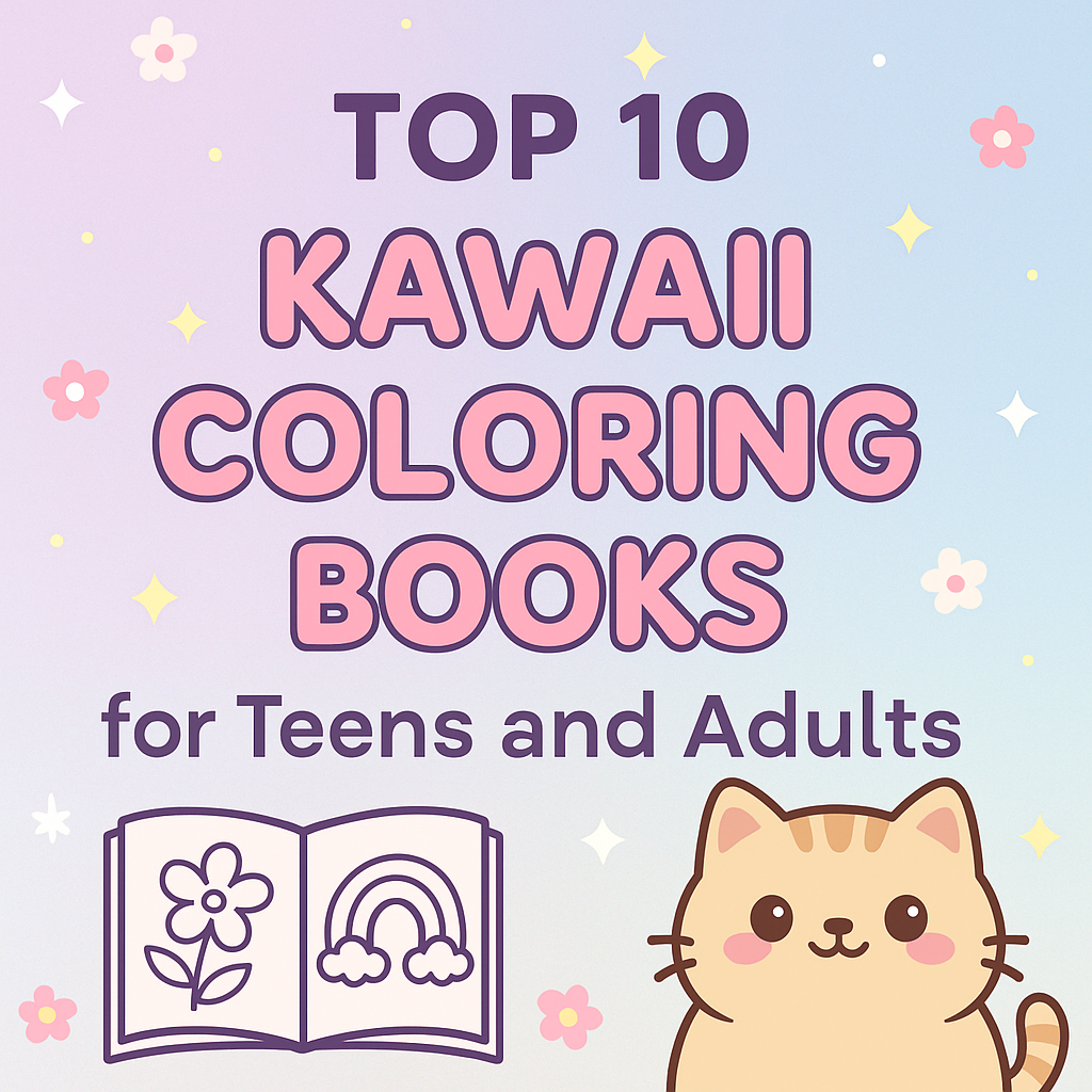 Pastel graphic with the title 'Top 10 Kawaii Coloring Books for Teens and Adults' featuring a cute beige cat and open coloring book with flower and rainbow icons.