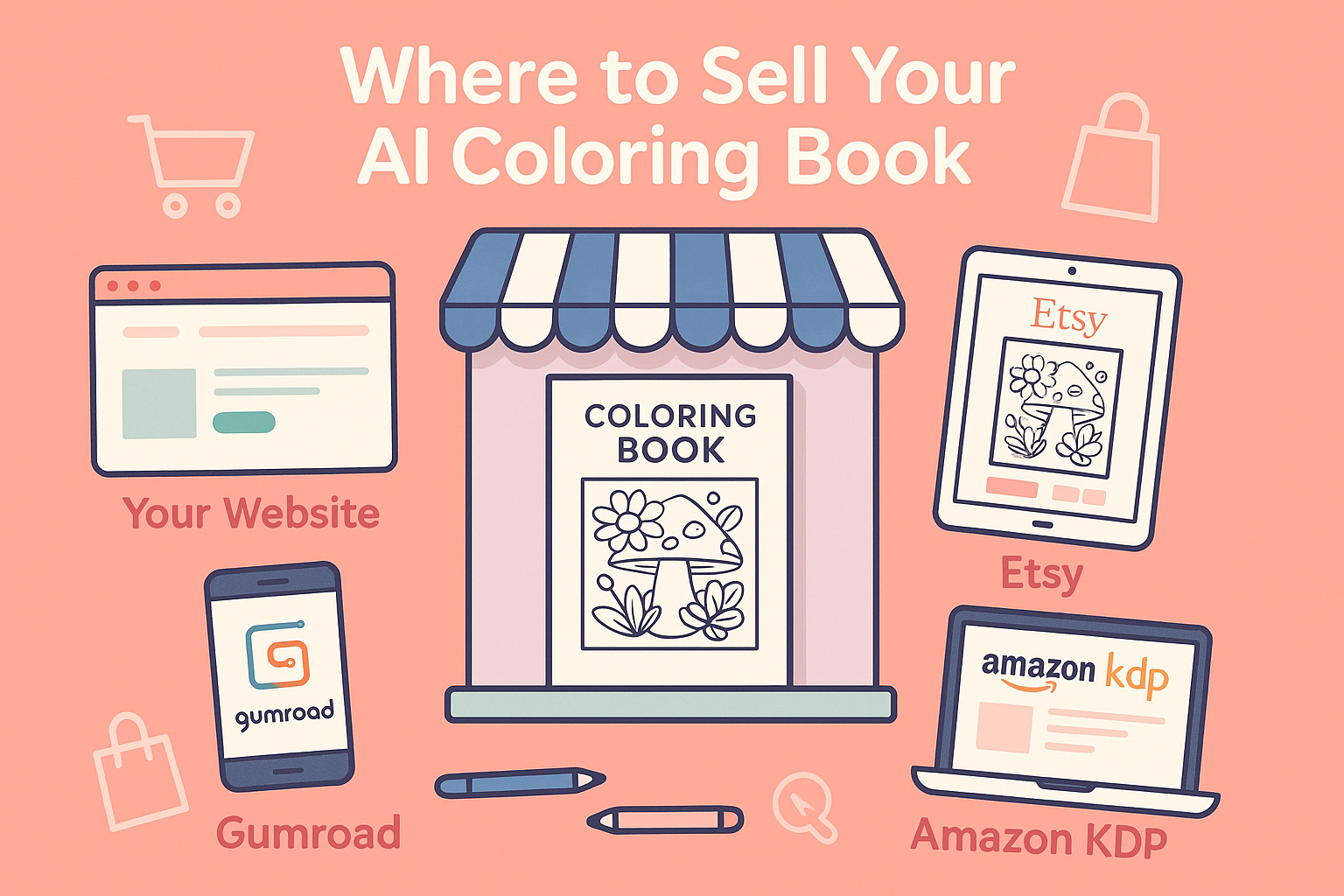 Infographic showing where to sell AI coloring books, with a storefront and platform screens labeled Your Website, Etsy, Gumroad, and Amazon KDP, surrounded by shopping icons on a coral background