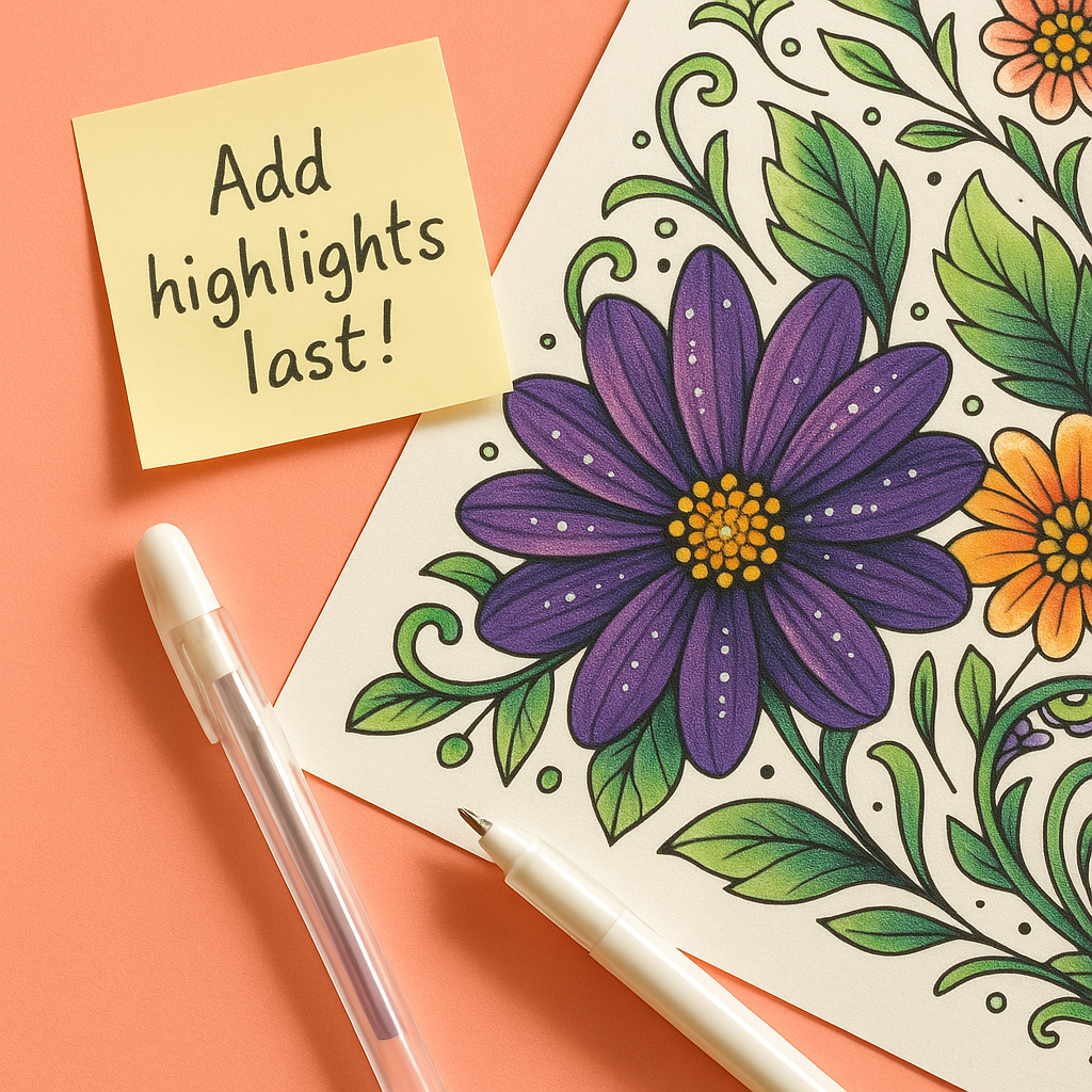 Flat lay of a coloring page with white gel pen highlights on dark petals, a white pen nearby, and a sticky note that reads 'Add highlights last!' on a coral background