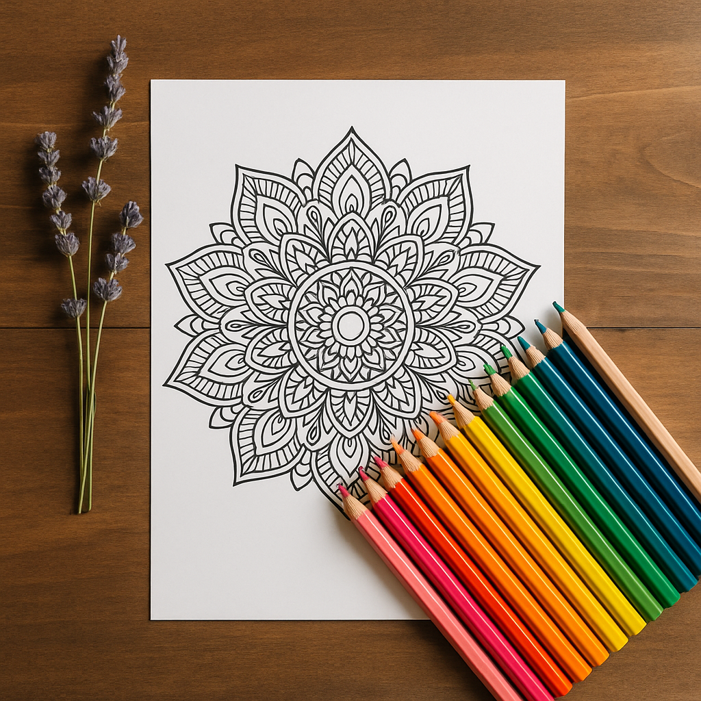 Flat lay of mindful coloring setup with mandala page and colored pencils for anxiety relief