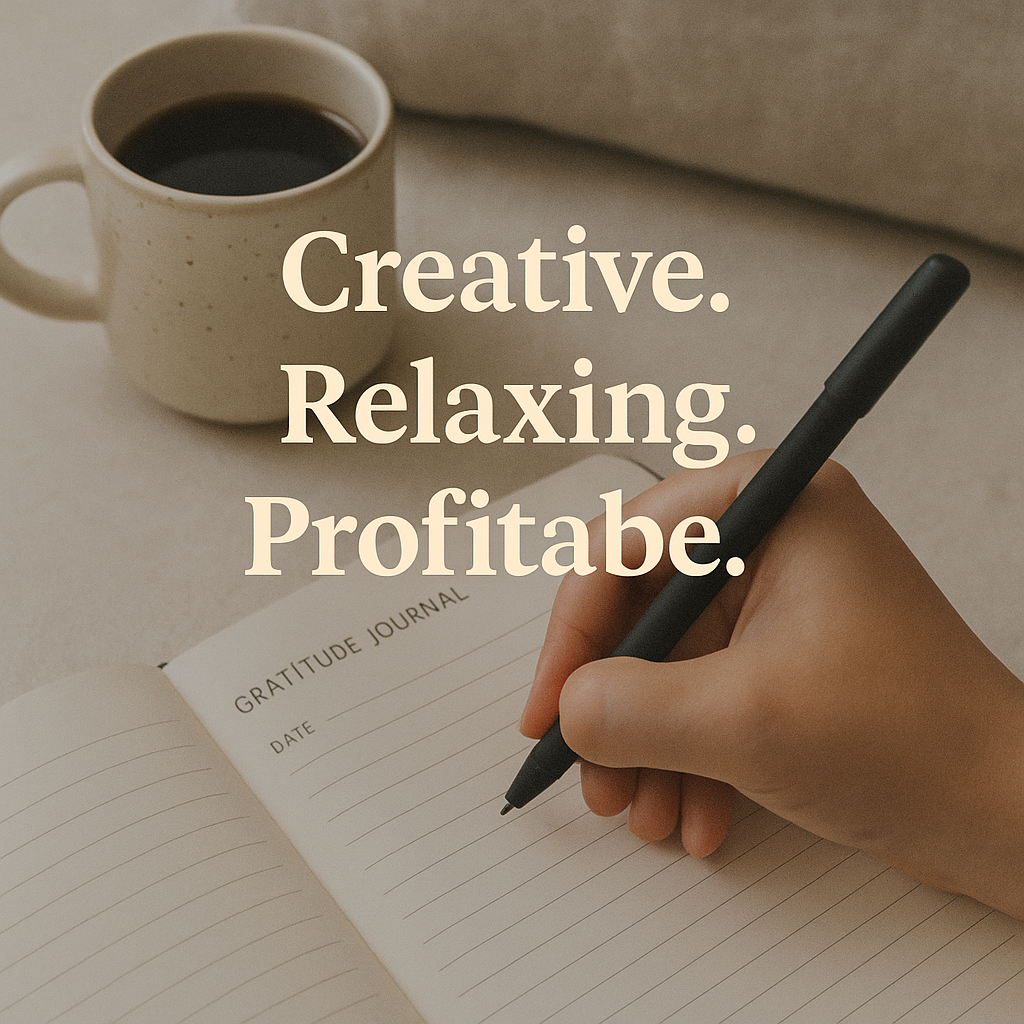 Person writing in gratitude journal (Creative. Relaxing. Profitable)