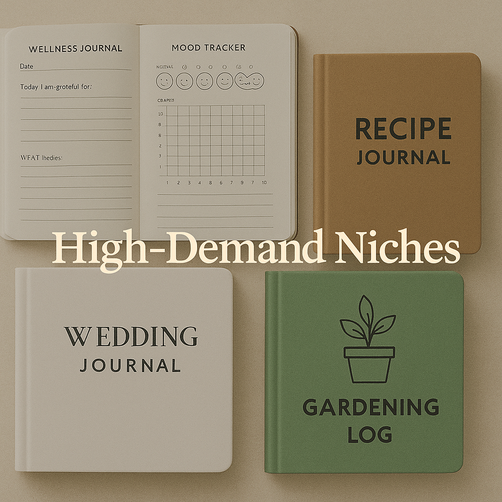 Collage grid of 4 books (wellness journal, recipe journal, wedding journal, gardening log)