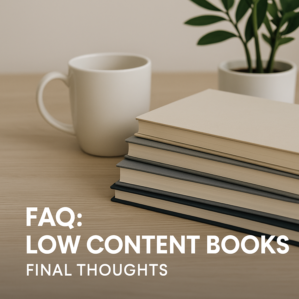 Minimalist scene with stack of hardcover journals, coffee mug, and potted plant on wooden desk, used as closing visual for FAQ and final thoughts about low content books.