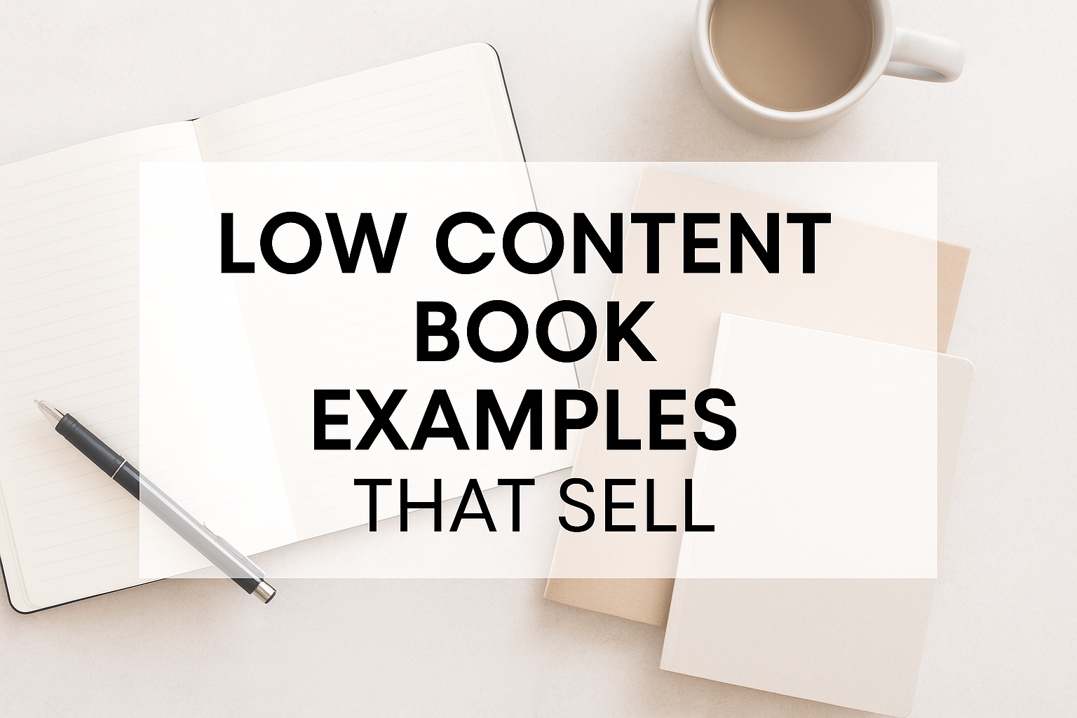 Professional blog header graphic featuring notebooks, a pen, and a coffee cup on a neutral background with overlay text reading ‘Low Content Book Examples That Sell’ – designed for WordPress blog post SEO.