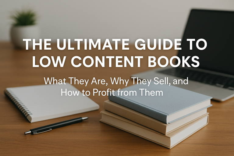 Modern workspace with stacked books, planner, and laptop featuring title text “The Ultimate Guide to Low Content Books: What They Are, Why They Sell, and How to Profit from Them.”