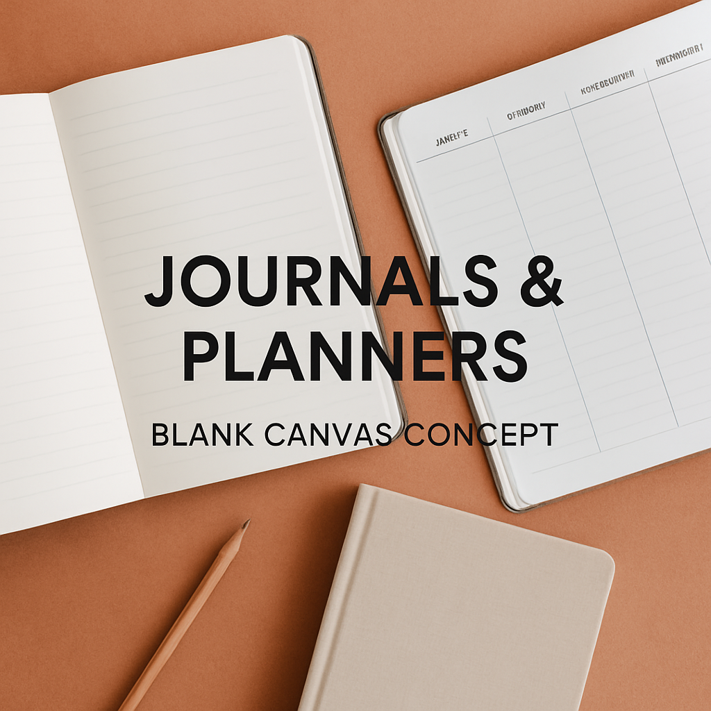 Flat lay of open notebook, weekly planner, and beige journal with pencil on terracotta background, representing blank canvas concept of low content books.