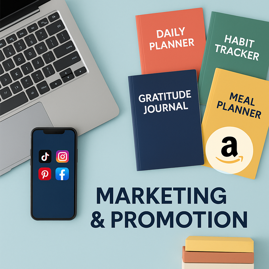 Flat lay of laptop, smartphone with social media icons, and colorful journals beside Amazon logo, representing marketing and promotion strategies for low content books.