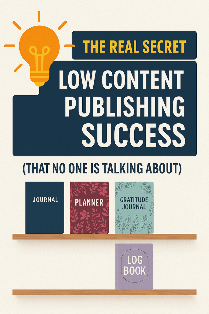 The Real Secret to Low Content Publishing Success blog cover with journals and planners visual.
