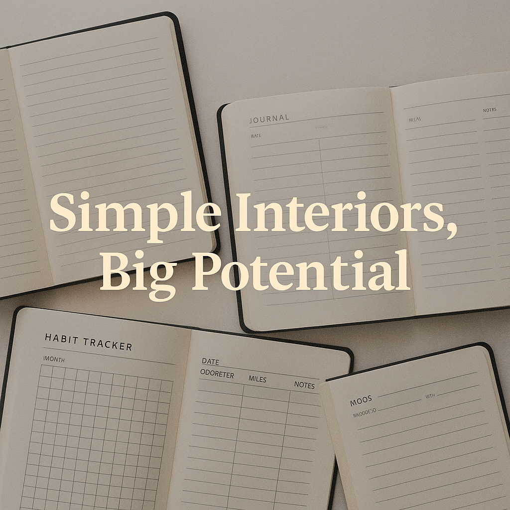 open notebooks / planners with "Simple Interiors, Big Potential"