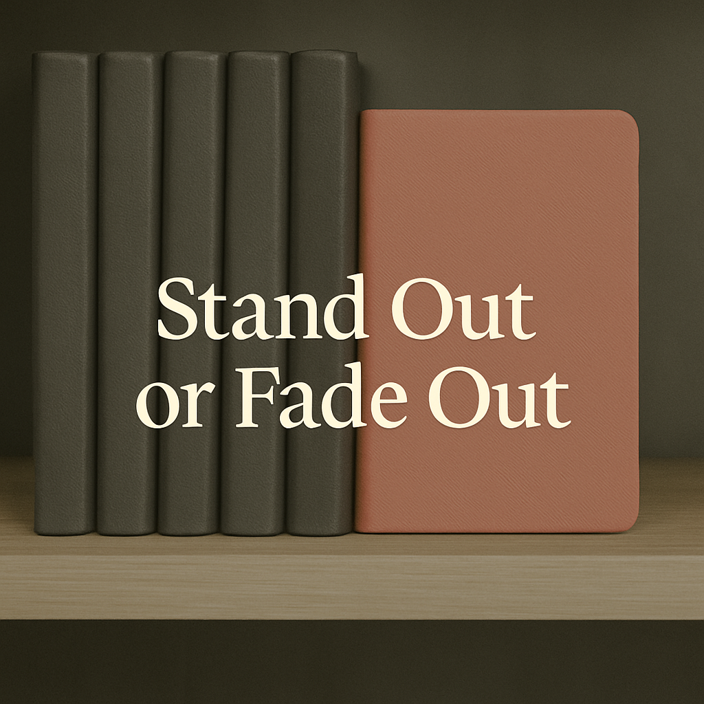 Stack of gray notebooks with one colorful one (Stand Out or Fade Out)
