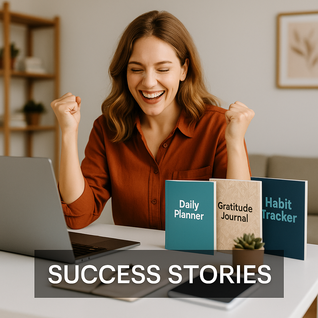 Smiling woman at desk celebrating success with daily planner, gratitude journal, and habit tracker books on display, symbolizing real success stories in low content publishing.