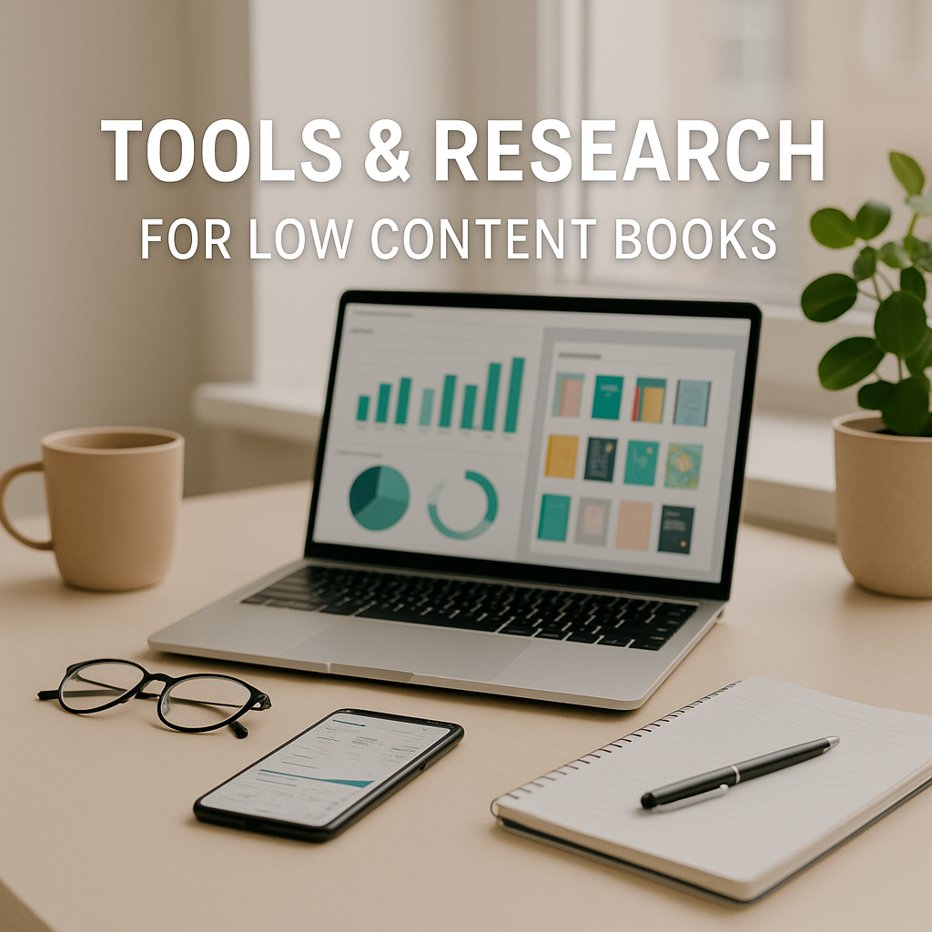 Laptop displaying bar graphs and analytics with open notebook sketches and coffee mug on wooden desk, illustrating keyword research and market validation for low content books.